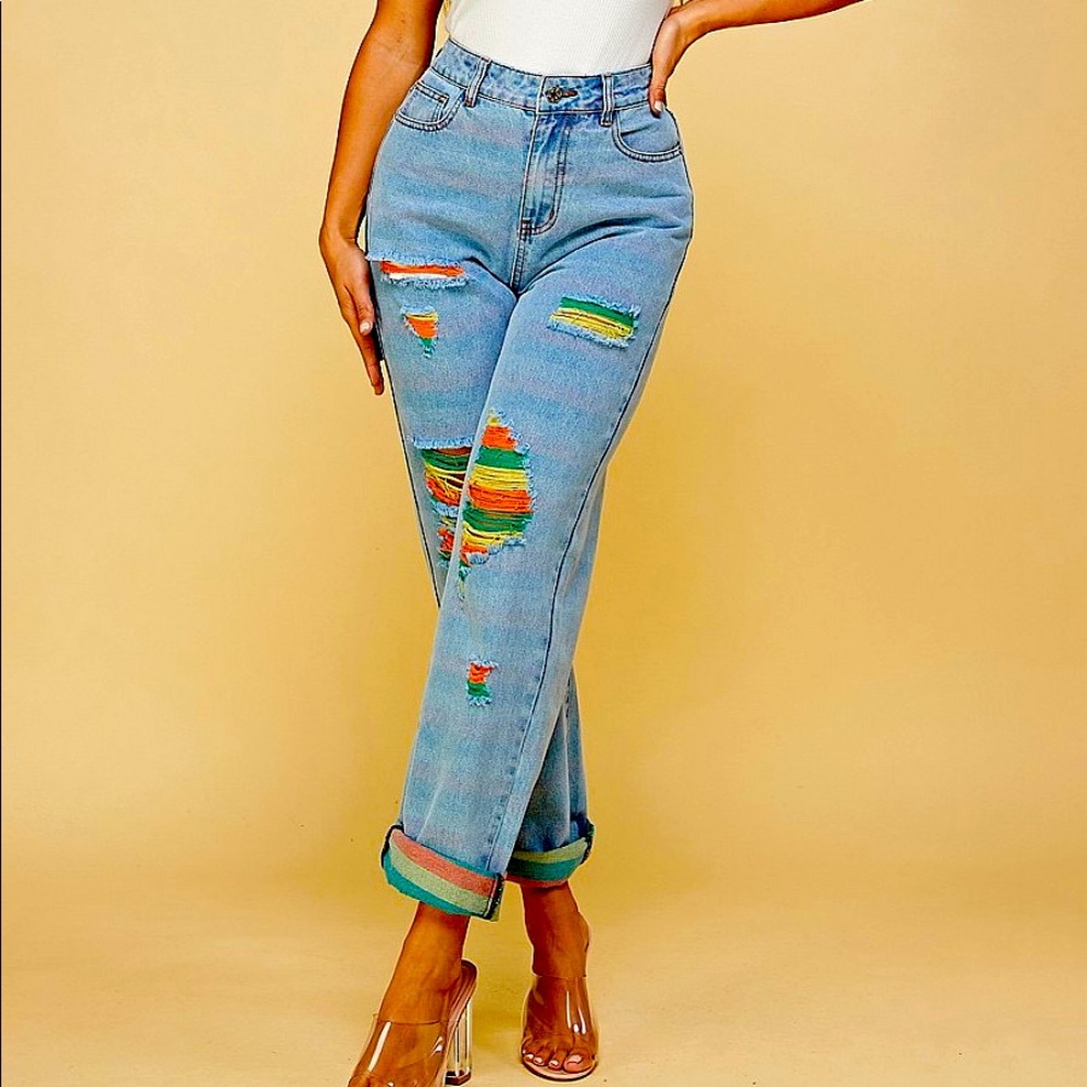 High waist mom fit rainbow color distressed mom's fit long denim pants.